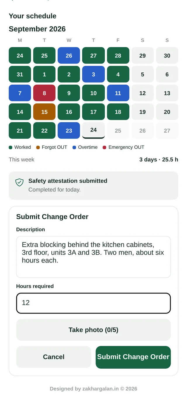 Submit Change Order: a description, hours required and up to five photos