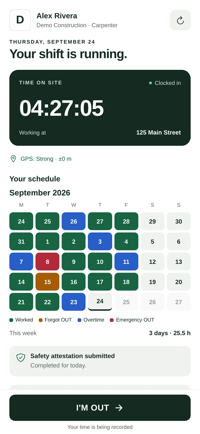 Your shift is running: 04:27:05 on site and the month as coloured squares